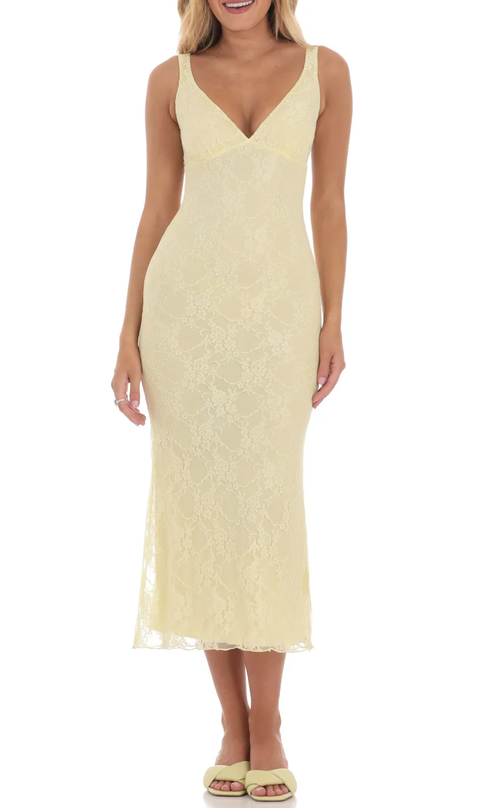 Open Back Lace Midi Dress in Yellow